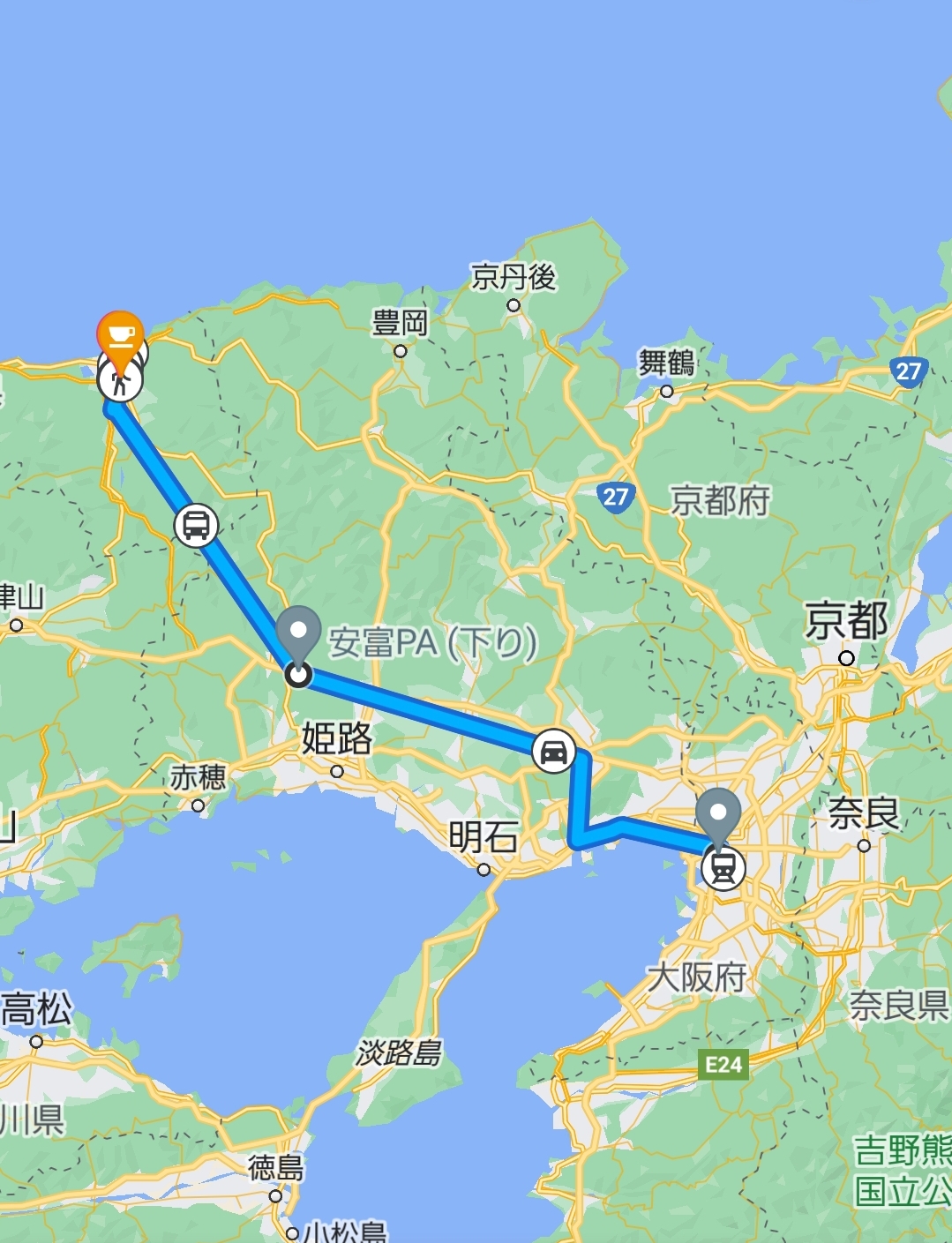 大阪から鳥取までの、高速バスルート